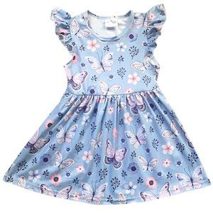 Little Girl Toddler Ruffle Sleeve Butterfly Blue Summer Camping Girl Dress Cute